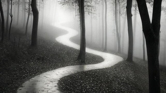 Winding Path in the Mist: A captivating grayscale scene of a serpentine path weaving through a misty forest, evoking a sense of mystery and serenity.