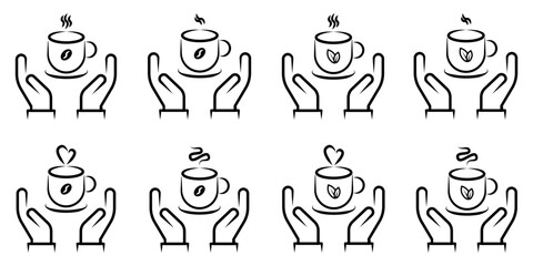 Hands Holding Hot Coffee and Tea Cups Line Art Icon Set. A comprehensive set of eight minimalist line art icons featuring two open hands gently cradling or supporting a steaming hot beverage cup.