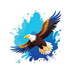 Vibrant Watercolor Style Bald Eagle Flying with Dynamic Blue Splashes - Majestic Bird of Prey Illustration