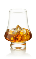 Glass of scotch whiskey and ice isolated on white background with clipping path