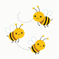 Three Cute Cartoon Honey Bees Flying with Dotted Trails - Adorable Insect Character Illustration for Kids and Sweet Designs