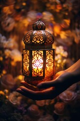 Ornate lantern lit from within, held by hand against flower backdrop