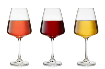 Red, white and rose wine glasses isolated on white background