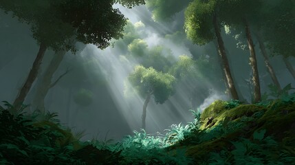 Lush forest waterfall scene with cascading water and verdant foliage