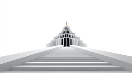 A majestic white temple with tiered steps leading to a golden spire.