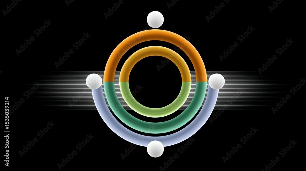 Aufkleber abstract design featuring colorful concentric circles and spheres on a dark background.