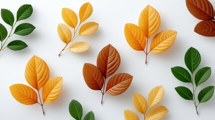 Colorful assortment of leaves showcasing autumn hues in a modern flat lay composition.