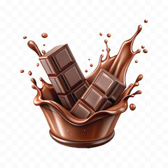abstract 3d smooth liquid chocolate splash with chocolate bar isolated on transparent background