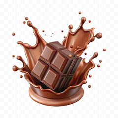 abstract 3d smooth liquid chocolate splash with chocolate bar isolated on transparent background