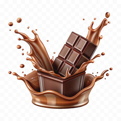 abstract 3d smooth liquid chocolate splash with chocolate bar isolated on transparent background