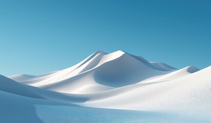 Symmetrical 3D rendering of a white desert with snow-covered dunes under a pure blue sky, featuring high contrast and soft lighting for a dreamy winter landscape