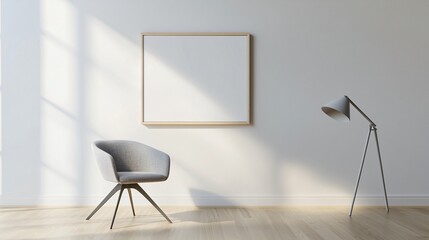 scandinavian-style office, blank wall for frame mockup, sunlight streaming, modern desk setup, 3D render