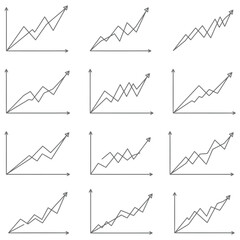 Obraz premium Business and finance graphs depicting increasing trends and successful growth strategies on a white background showcasing a collection of simple icons