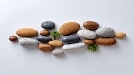 A serene arrangement of colorful river stones on a light background.