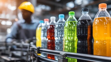 Variety of Colorful Beverage Bottles on Factory Production Line