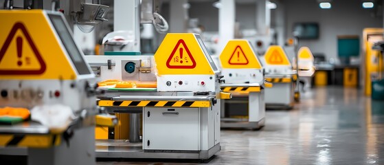 Industrial Factory Workspace with Safety Warning Signs in View