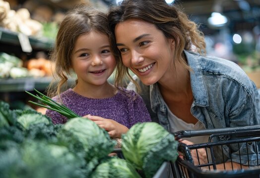 A mother and daughter shopping for vegetables in the supermarket, holding green onions in their hands.