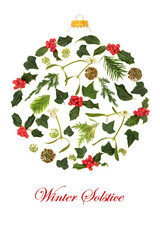 Winter solstice Christmas nature flora sphere shape bauble decoration, holly berries. Natural...