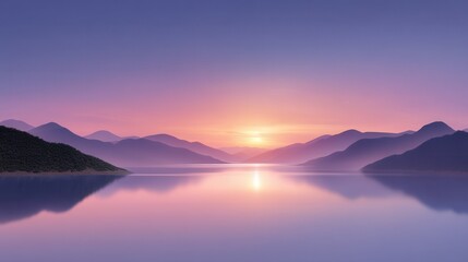 Naklejka premium Serene sunrise over tranquil lake with gentle purple hues and distant mountains.