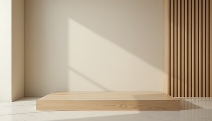 Fototapeta premium Minimalist wooden platform with soft natural light and textured wall background in modern interior space