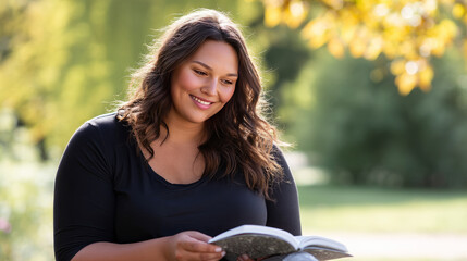 A close-up of a smiling woman with obesity sitting in a park on a sunny day, reading a book, and feeling at peace
