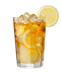 glass of ice tea with lemon isolated on white background