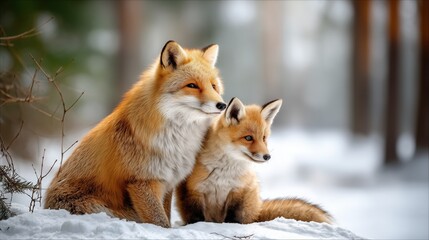 Fototapeta premium Red fox mother and cub sitting together in winter wonderland
