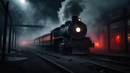Obraz premium Steam train at night, dark station