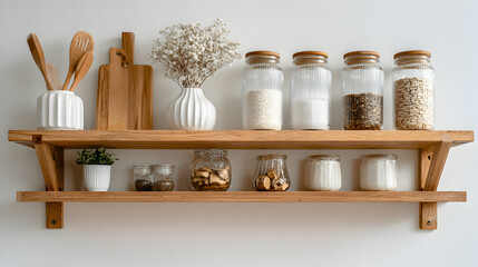 Wooden shelves adorned with glassware kitchenware and decorative items create a sense of order and tranquility