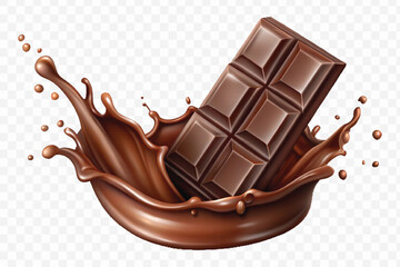 abstract 3d smooth liquid chocolate splash with chocolate bar isolated on transparent background