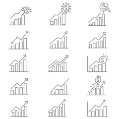 Collection of business growth charts and financial icons illustrating upward trends for success and profitability across various financial analyses