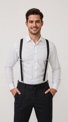 Full length of confident Canadian man in a white dress shirt and suspenders standing with one hand in pocket and smirking on plain white background