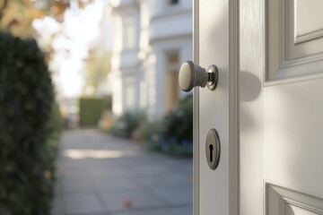 Open Door with Knob and Keyhole Leading to a Beautiful Pathway