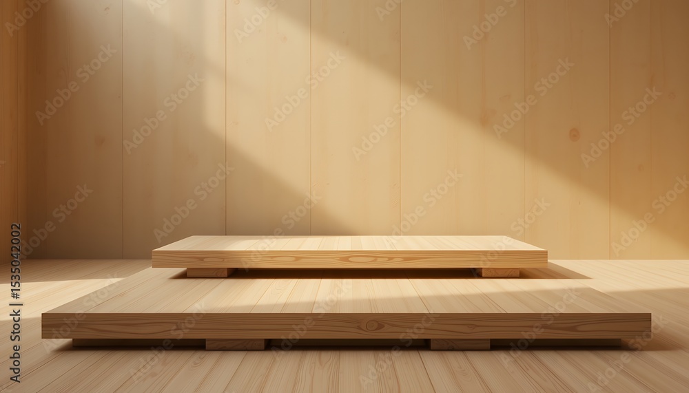 Poster minimalist wooden display podium with natural light and shadow effect in empty room