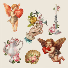 Trendy collage stickers set. Vector collection of torn newspaper, retro flower, butterfly stamp, rip notebook sheets, handwriting quotes, craft notepaper, old grunge paper. Retro elements for design
