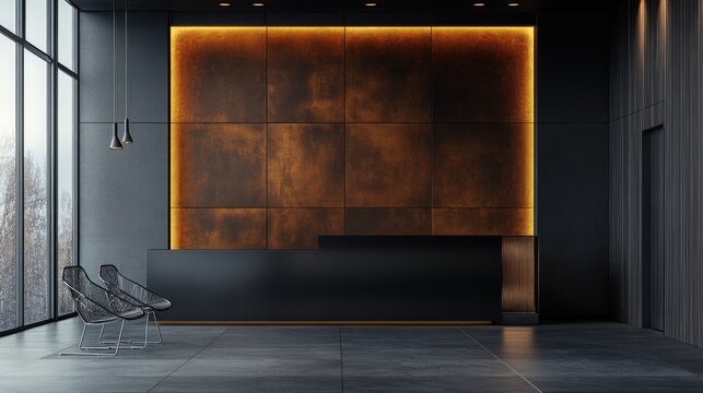 Contemporary reception area with warm tones and modern furniture.