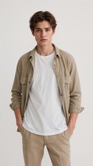 Full length of confident Swedish boy in a white tee under an open shirt and chinos casually leaning on one side on plain white background