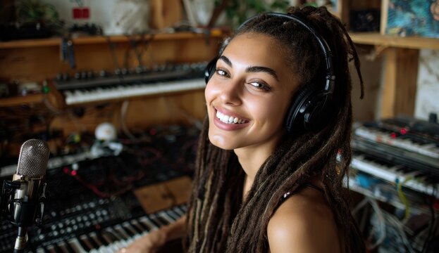 Smiling Woman Wearing Headphones in Music Studio