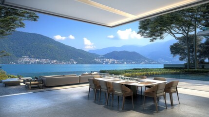 Fototapeta premium Lakeside dining area with panoramic mountain views.