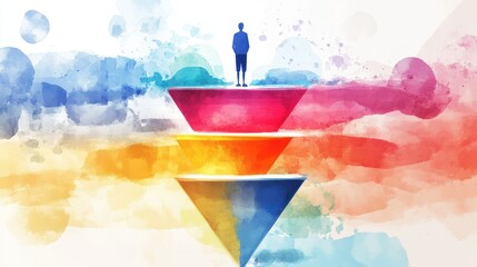 step-by-step progress flat design side view marketing funnel theme water color Triadic Color Scheme. 
