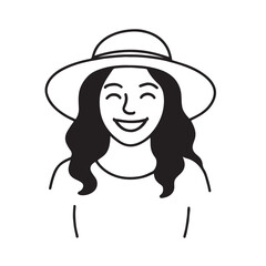 Smiling Woman Wearing Hat in Simple Black and White Drawing