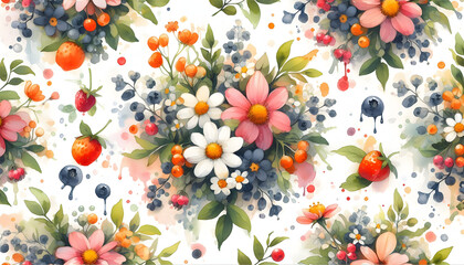 Intricate design with intricate flowers and colorful fruits, pattern, botanical, flowers. Garden print, summer, wildflowers