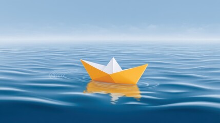 A vibrant yellow origami boat floats serenely on calm blue waters.