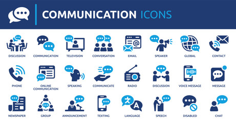 Communication icon set. Conversation, message, contact, announcement, email, phone, television, radio, speaker, chat online and more. Solid vector icons collection.