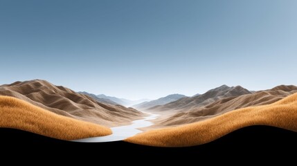 Serene landscape with rolling golden hills and a winding river under a clear blue sky.