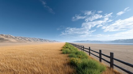 Obraz premium Vast golden landscape with a wooden fence, contrasting with a clear blue sky.