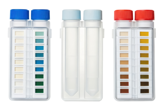 Laboratory test kits with color comparison charts isolated with transparent background