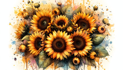sunflowers in sun Original watercolor painting of sunflower flowers, beautiful sunflowers flowers on canvas. Modern Impressionism. Impasto artwork. A bright artistic illustration with sunflowers