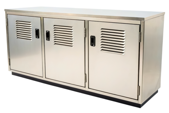 Stainless steel cabinet with three locker doors isolated with transparent background