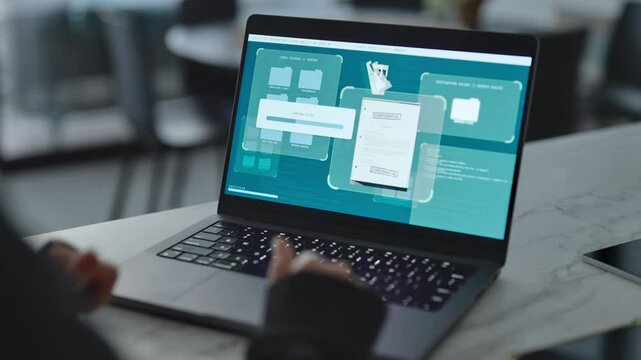 Secret documents copied and stolen from government archive using remote access. Spy or hacker typing on laptop computer hacking and breaking into system server. Security breach of classified material